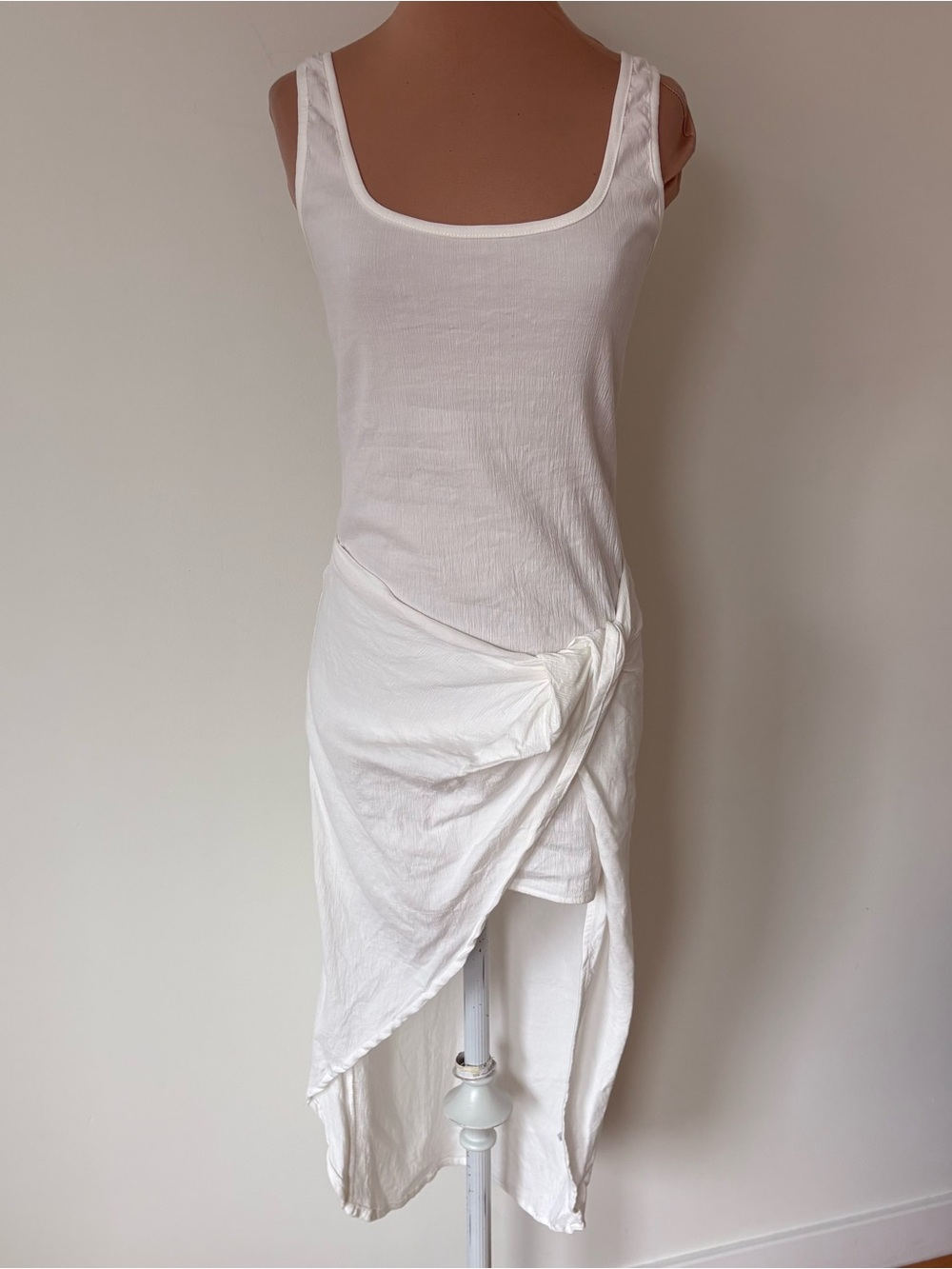 Anemos Selene Asymmetric Stretch Linen Wrap Twist High Low Midi Dress EUC Sz XS